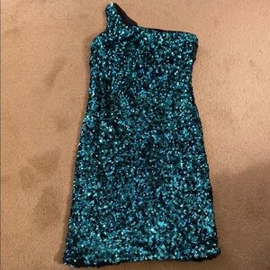 LULUS “JUST TONIGHT” TEAL SEQUIN BODYCON ONE SHOULDER DRESS XS